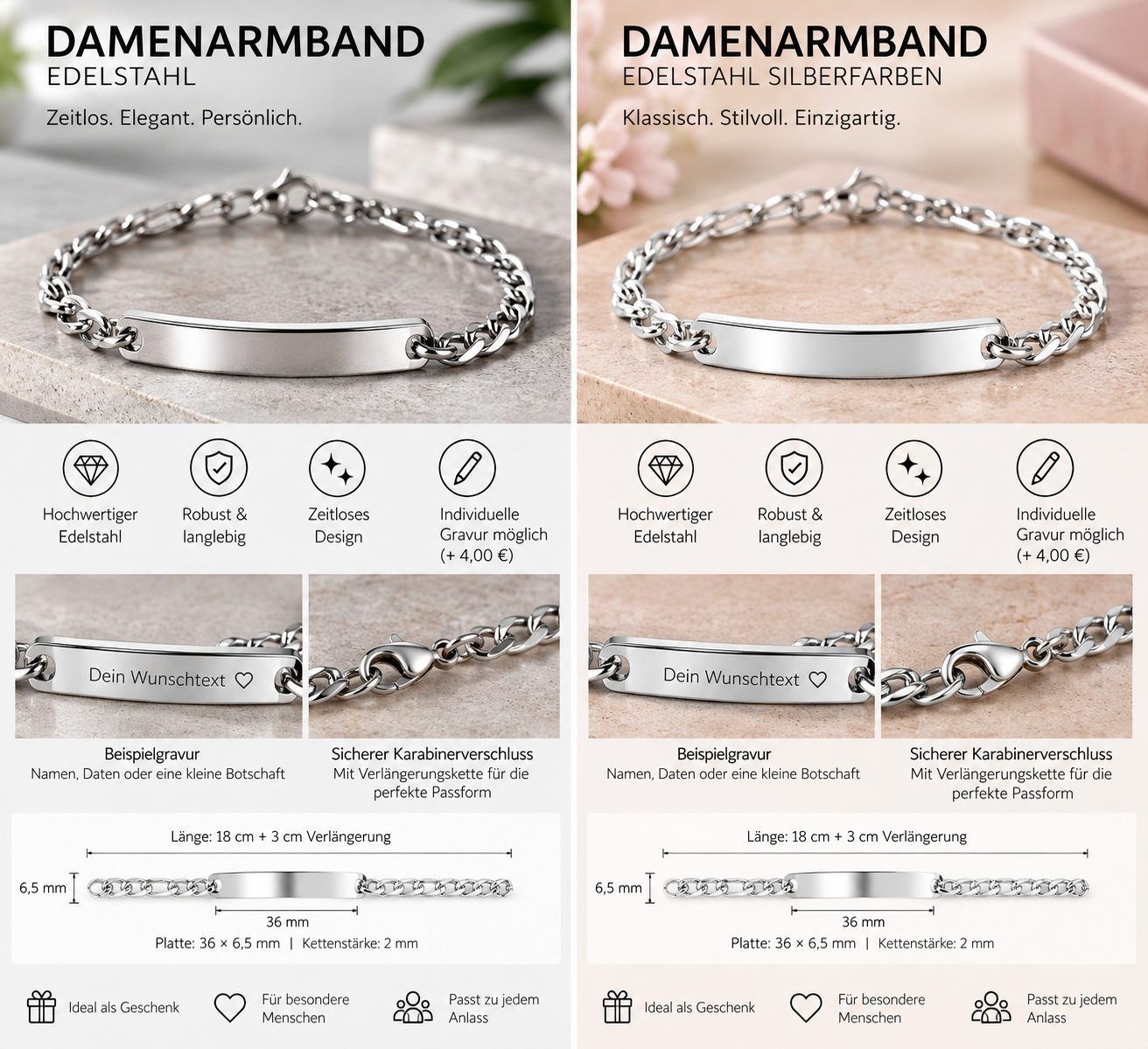 Damenarmband 18 cm (+3) Identarmband mit Gravurplatte – Wunschgravur