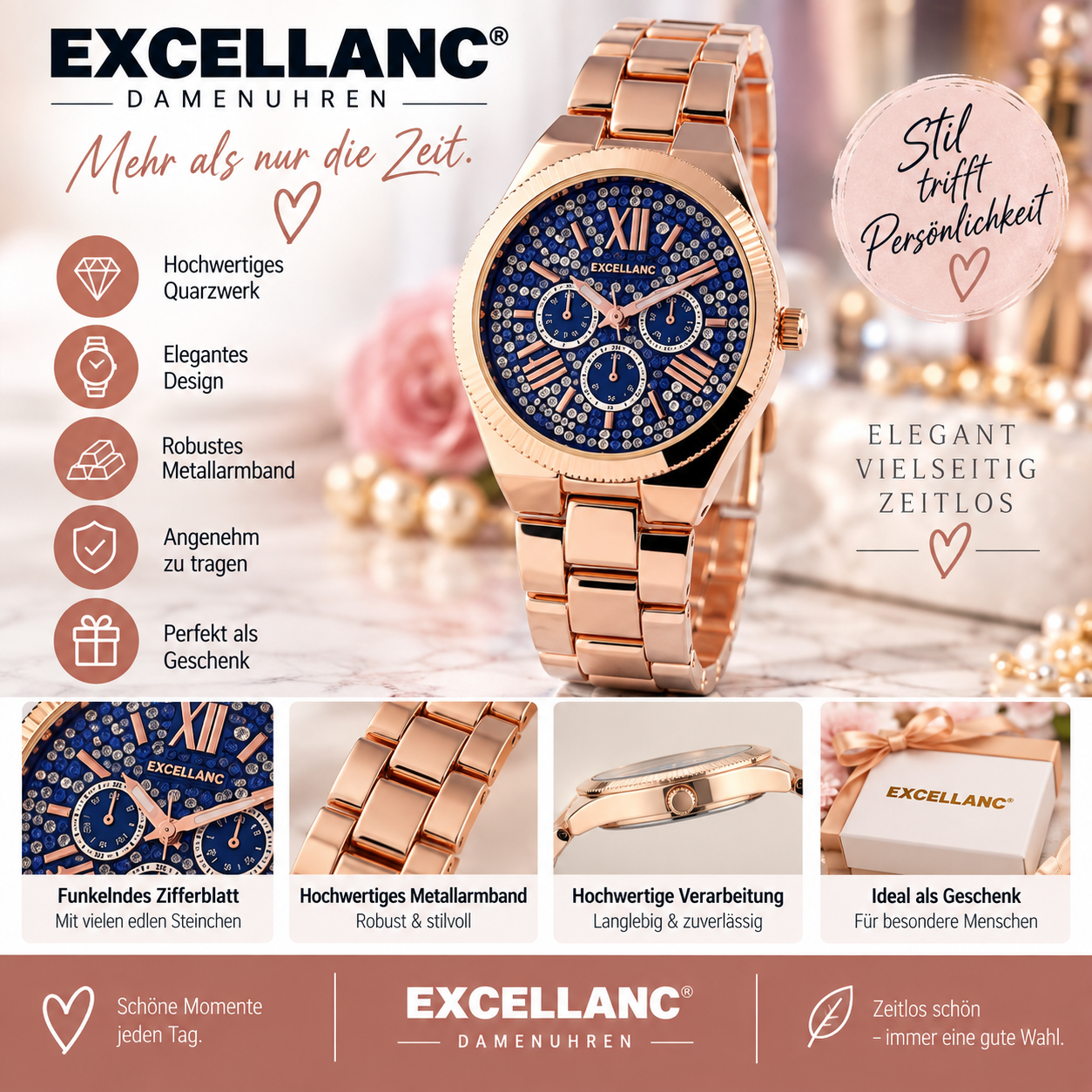 Excellanc Damenuhr mit Metallarmband – Roségold/Blau