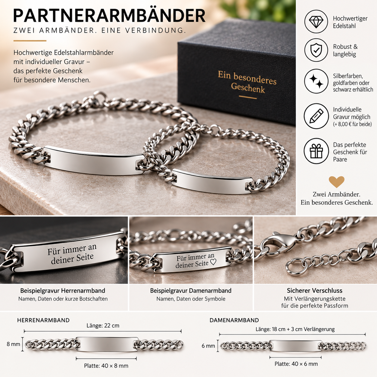 Partnerarmbänder Herren und Damen mit Gravurplatte – zeitlos, elegant und persönlich
