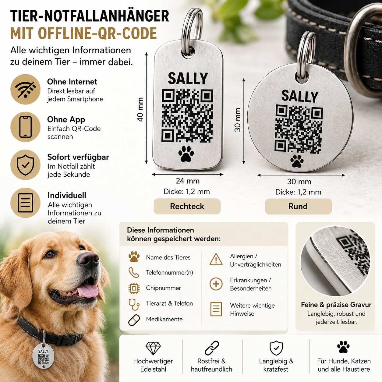 Tier-Notfall-Anhänger aus Edelstahl mit Offline-QR-Code – personalisiert