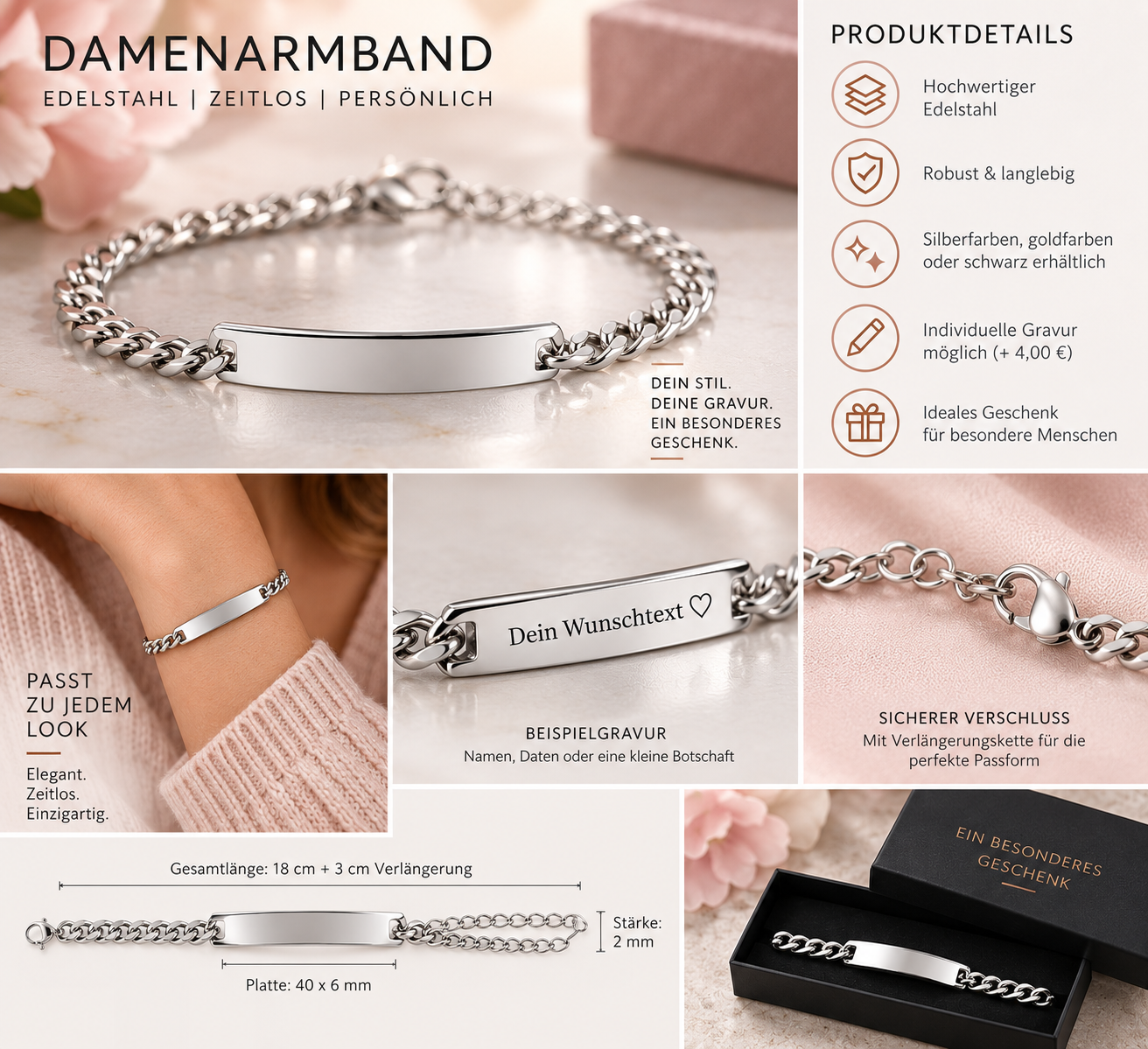 Damenarmband 18 cm Identarmband mit Gravurplatte – Wunschgravur