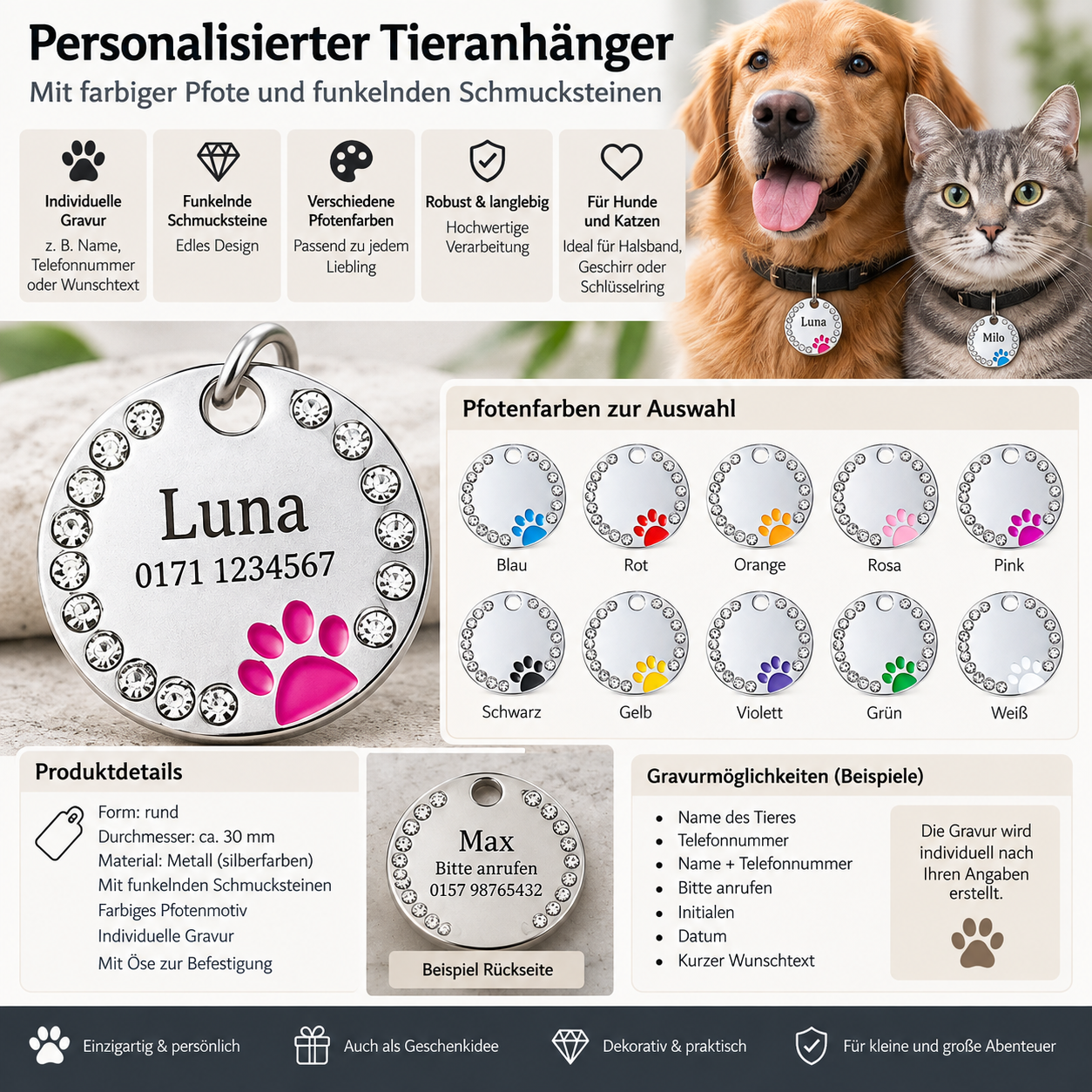Personalisierter Tieranhänger mit farbiger Pfote & Schmucksteinen – Wunschgravur