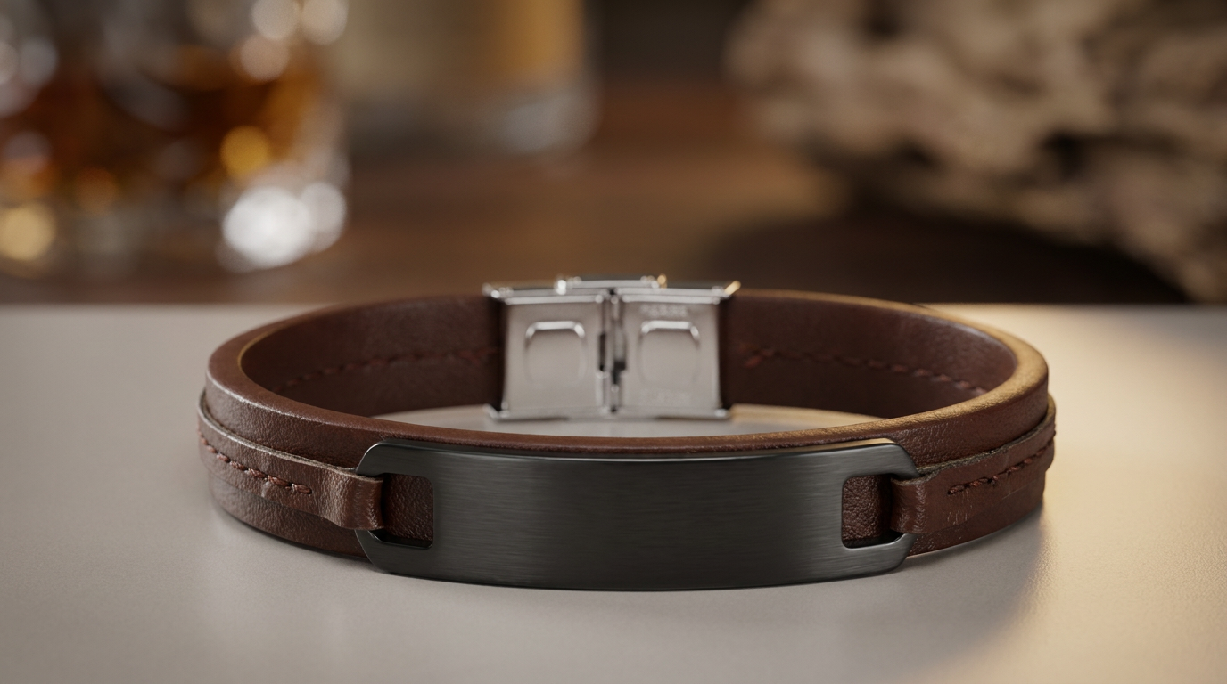 Lederarmband Herren mit Gravur auf aufgesetzter schwarzer Edelstahlplatte