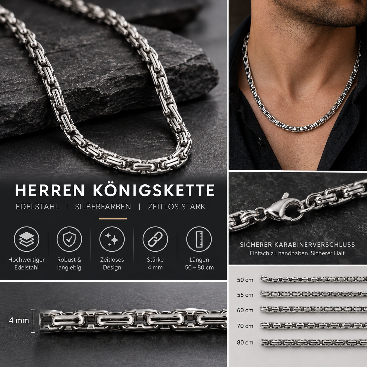 Herren Königskette Edelstahl silberfarben 4 mm – 70 cm – massive Halskette