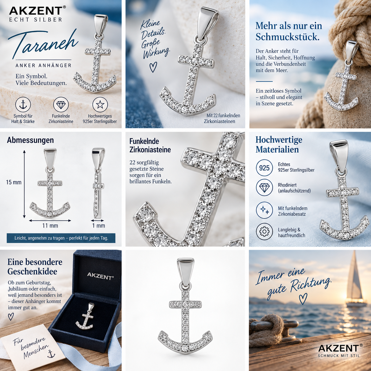 925 Silber Anker-Anhänger „Taraneh“ mit Zirkoniabesatz – rhodiniert