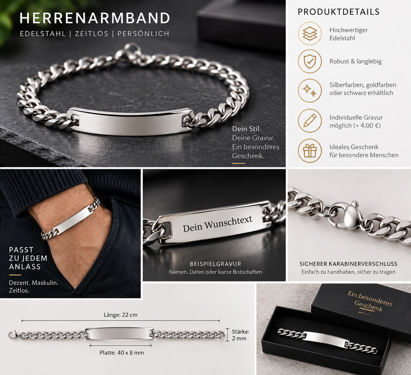 Herrenarmband 23 cm Identarmband mit Gravurplatte – Wunschgravur