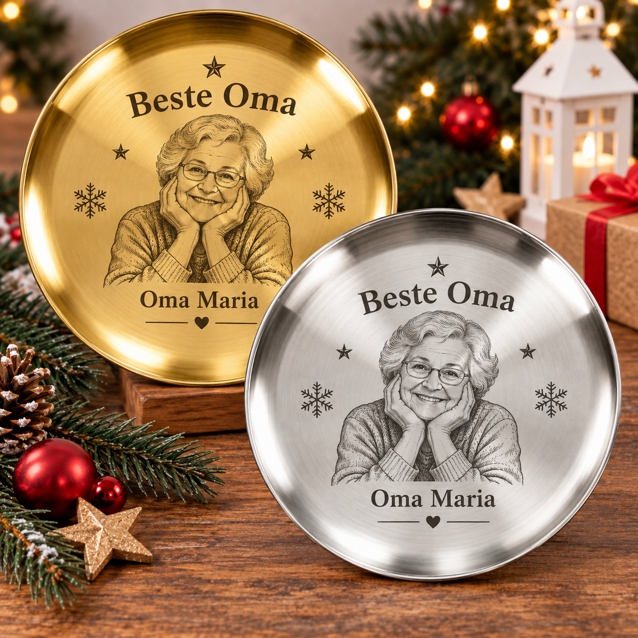 Personalisierter Weihnachtsteller aus Edelstahl – Wunschgravur – Gold oder Silber