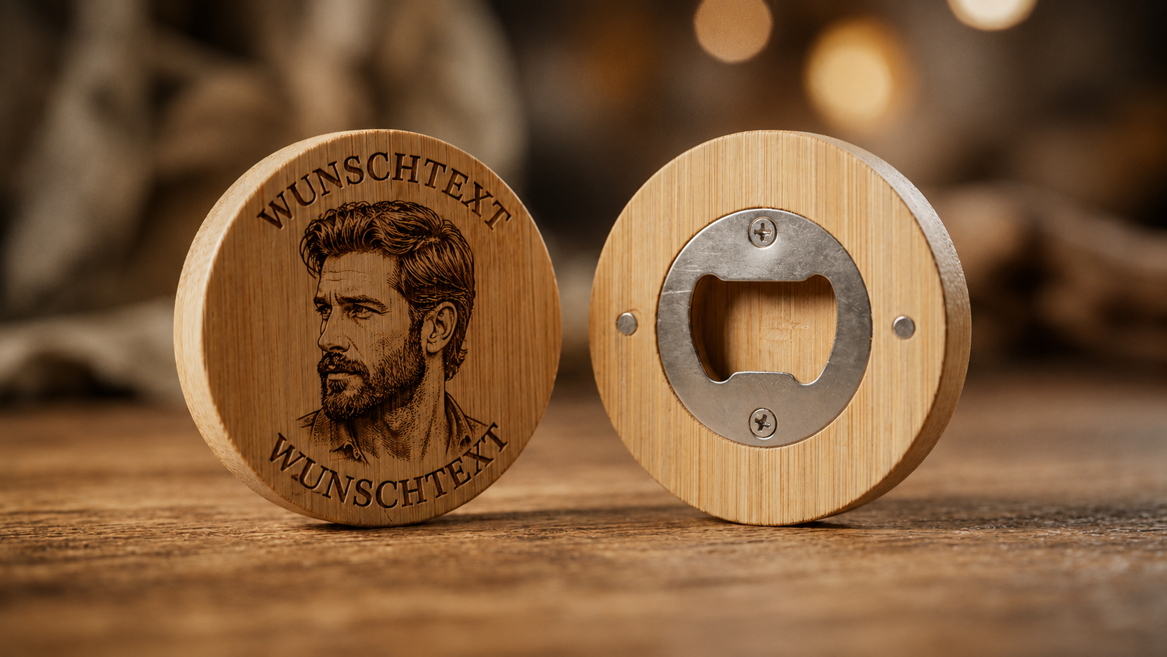 Personalisierter Holz-Flaschenöffner rund