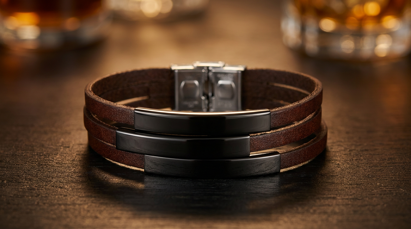 Lederarmband Herren mit Gravur auf drei Edelstahlplatten.