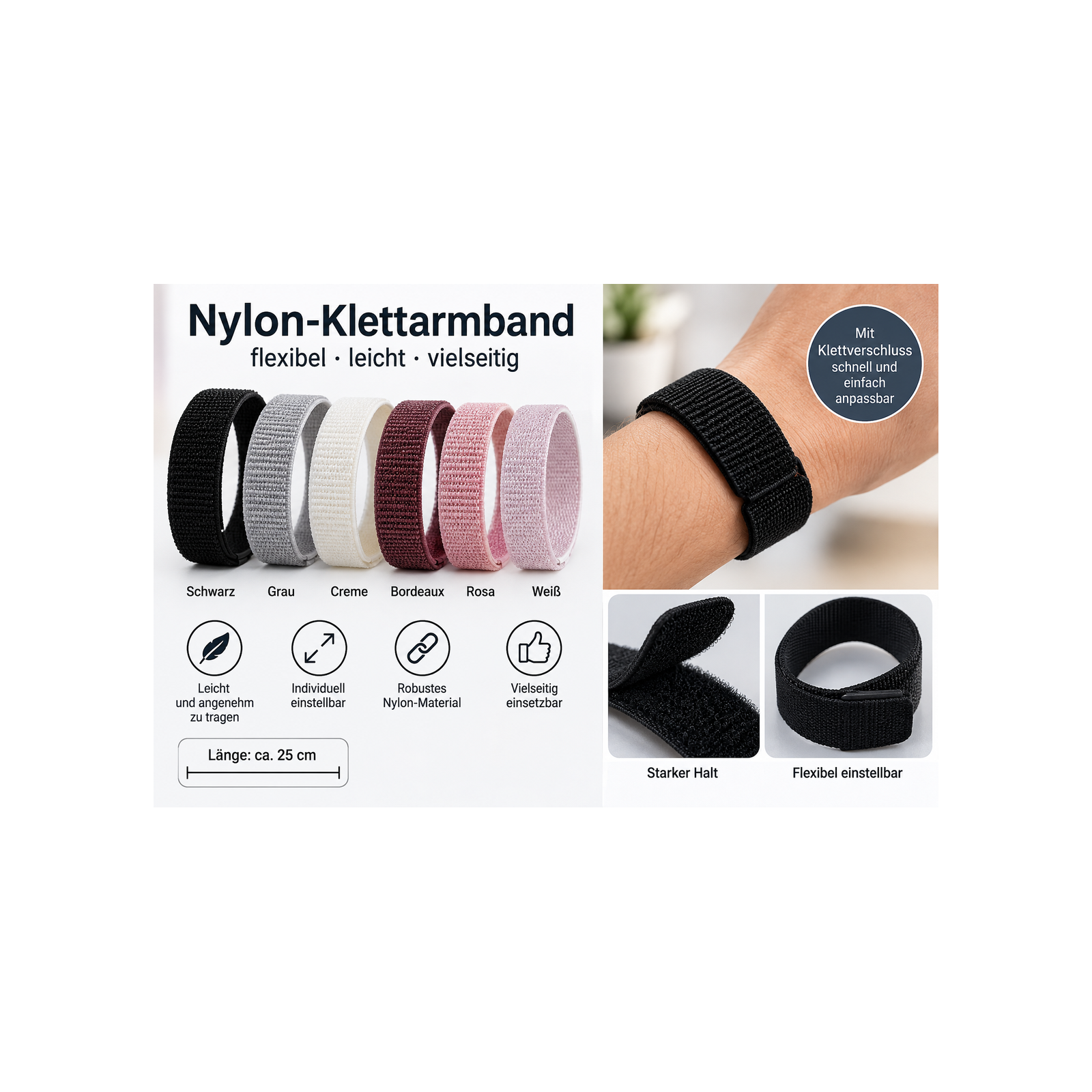 Nylon-Klettarmband – ca. 25 cm – in verschiedenen Farben