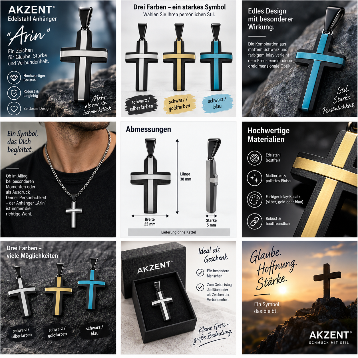 Akzent „Arin“ Edelstahl Kreuz-Anhänger – Bicolor, 3 Ausführungen