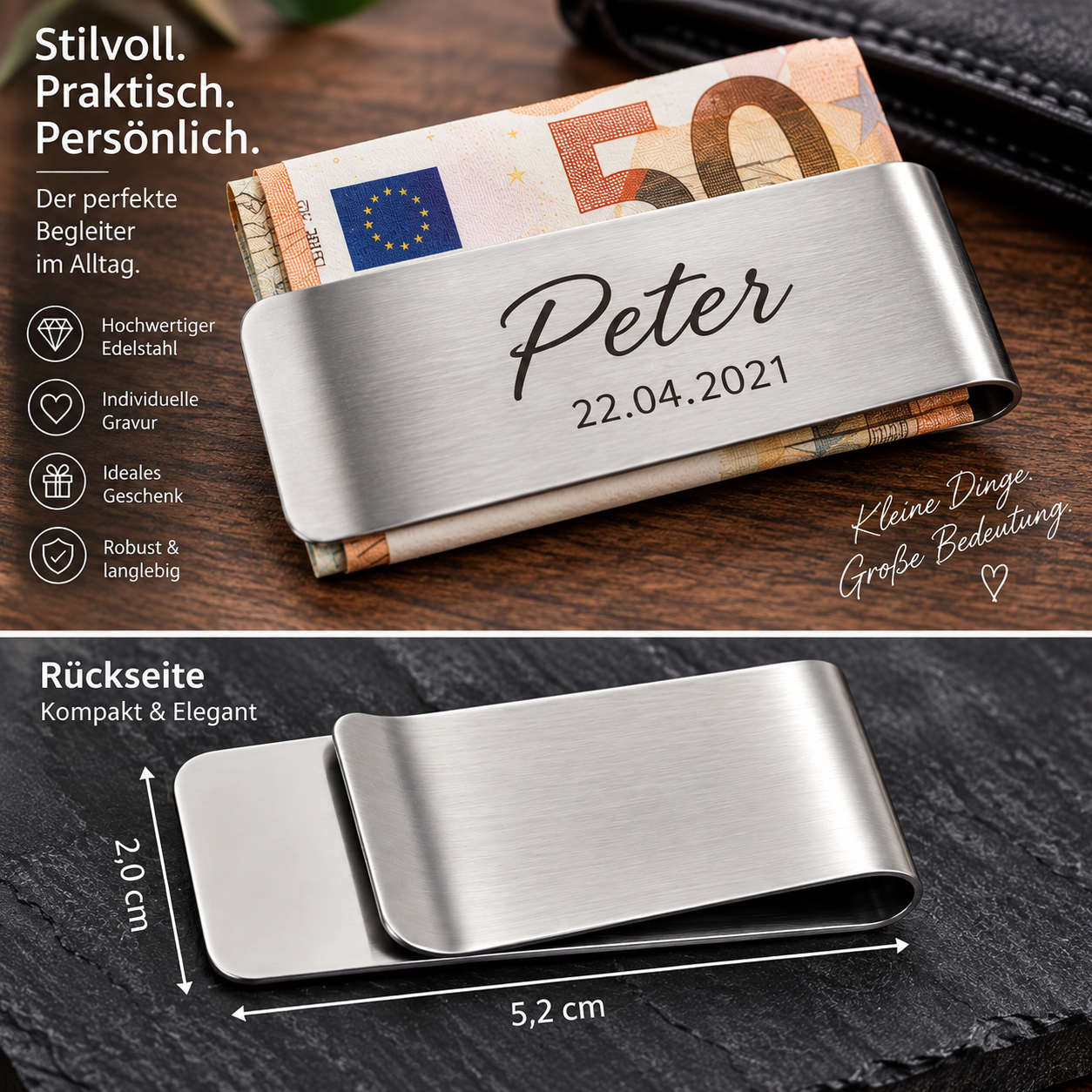 Personalisierte Geldklammer aus Edelstahl – Money Clip mit Wunschgravur