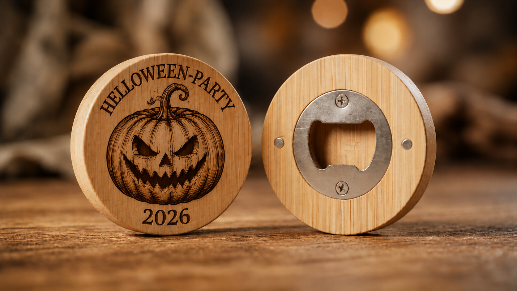 Personalisierter Holz-Flaschenöffner rund Helloween